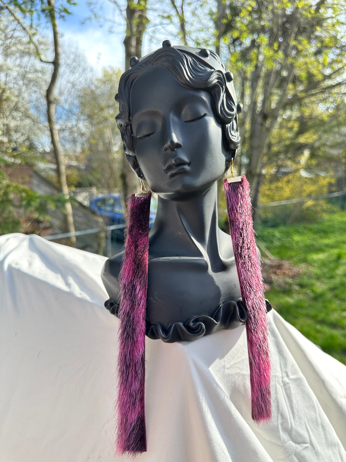 Fuchsia sealskin strip earrings